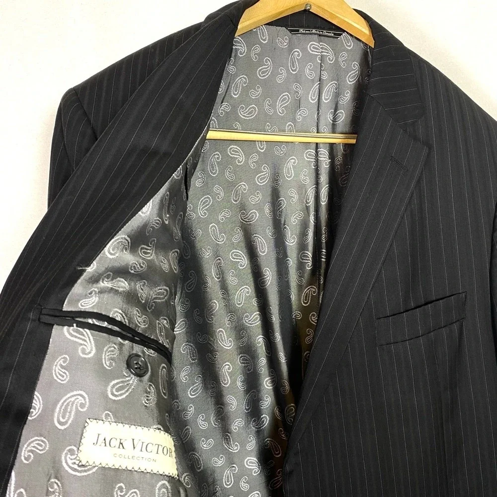Jack Victor 44L Blazer 100% Italian Wool Pin Stripe Black Sport Coat Suit Jacket